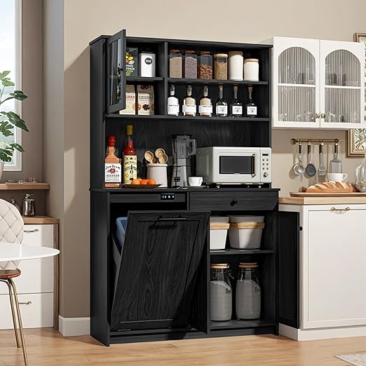 OLD CAPTAIN Tilt Out Trash Cabinet with Deodorising Function, Kitchen Hutch with Microwave Shelf and Drawer, Kitchen Pantry with Trash Cabinet for 10 Gallons, Black-DeskLoop Office