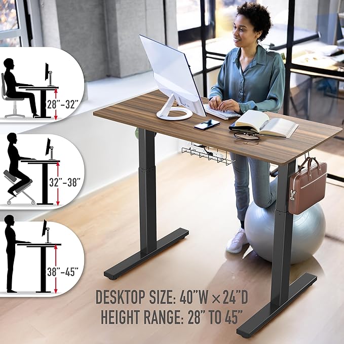 SHW 40-Inch Electric Height Adjustable Standing Desk with Drawer, Memory Preset and Cable Management Tray, Walnut-DeskLoop Office