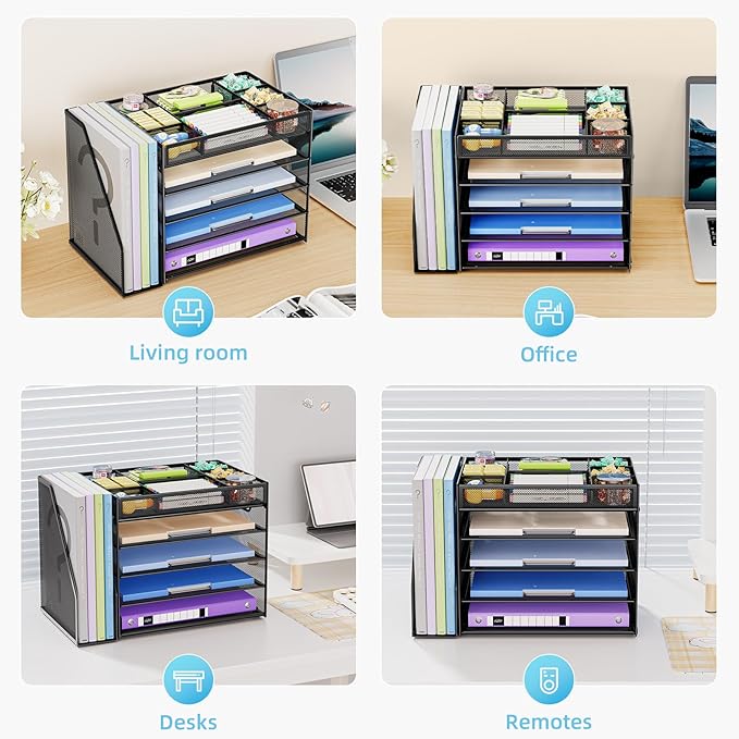 Marbrasse 5-Tier Desk Organizer with File Holder,Paper Letter Tray Organizer,Desktop File Organizer with Adjustable Compartments,Mesh Desk Organizers and Accessories for Office Supplies,Black-DeskLoop Office