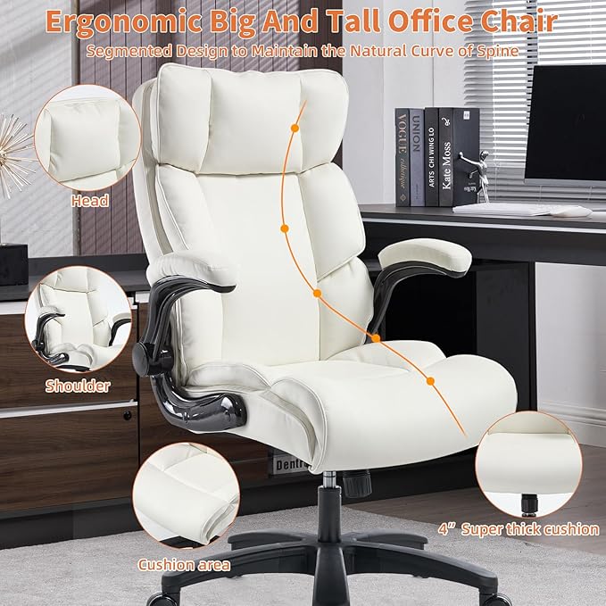 Big and Tall Office Chair 500lbs Wide Seat Executive Office Desk Chair High-Back Office Task Chair with Flip-Up Armrest, Ergonomic Lumbar Support Computer Office Chairs for Heavy People(White)-DeskLoop Office