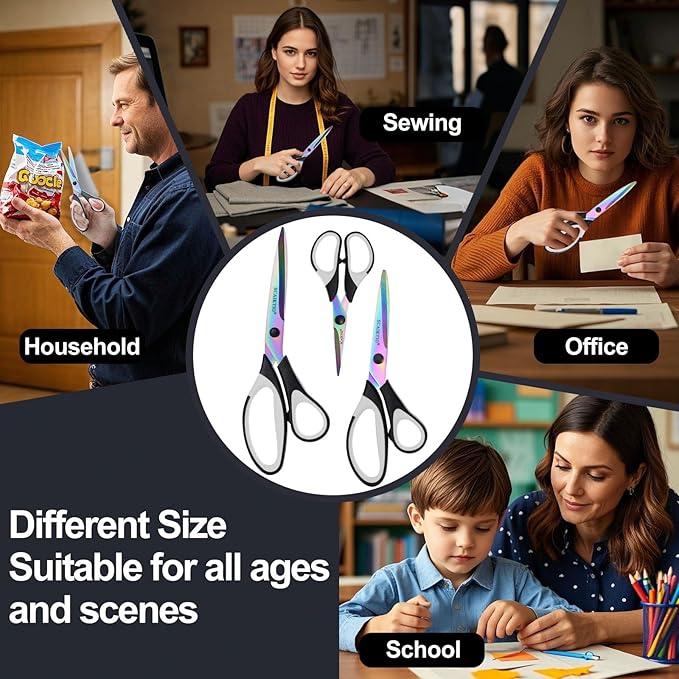 Craft Scissors Set of 3 Pack, All Purpose Sharp Titanium Blades Shears, Comfort Grip Handle, Multipurpose Fabric Scissors Tool Great for Adults, Office, Sewing, School and Home Supplies, White&Black-DeskLoop Office