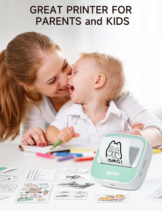 iDPRT Portable Sticker Maker Machine with 1 Roll Sticker Paper, Mini Printer Efficiently and Quickly, Thermal Printer for Study Notes, Pictures, DIY, Label, Free App with Multiple Templates, Green-DeskLoop Office