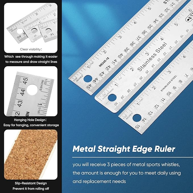 Frienda 2 Pcs Metal Ruler Cork Backed 12 Inch and 18 Inch Stainless Steel Rulers with Cork Backing Non Slip Straight Measure Edge for Student Graduation School Supply-DeskLoop Office
