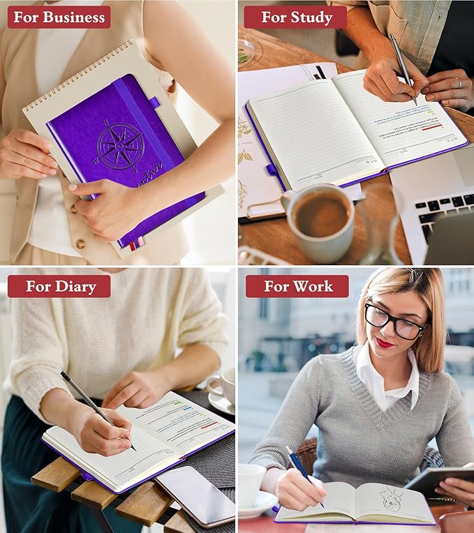 Lined Journal Notebook for Men Women, 160 Pages Ruled Paper, Inner Pocket, A5 Hardcover Vintage Leather Notebooks for Work, School, Travel Journaling, Daily Diary, Notepad 5.8" x 8.5" (Purple)-DeskLoop Office