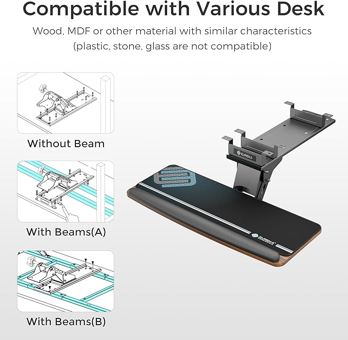 EUREKA ERGONOMIC Keyboard Tray Height Adjustable, Swivel Tilt Computer Keyboard Drawer Under Desk, 25x9.13'' Sliding Keyboard & Mouse Platform with Mouse Pad for Typing, Walnut-DeskLoop Office