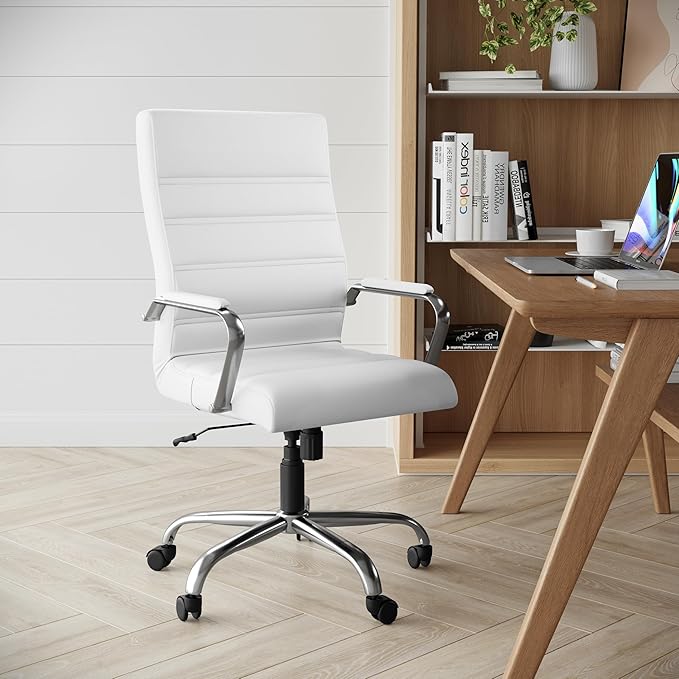 Flash Furniture Whitney High-Back Swivel LeatherSoft Desk Chair with Padded Seat and Armrests, Adjustable Height Padded Office Chair, White/Chrome-DeskLoop Office