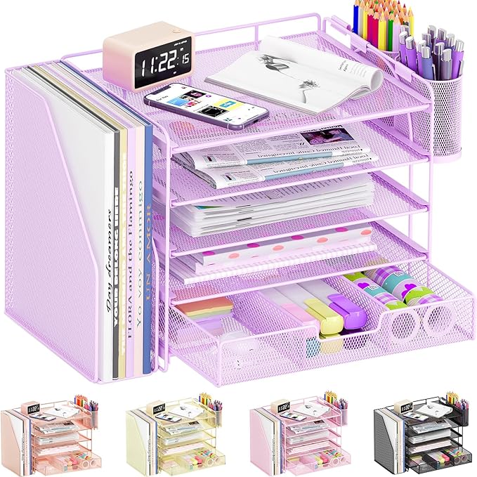 Desk Organizers and Accessories, 5-Tier Paper File Organizer with Drawer & Pen Holder, Office Desk Accessories Workspace Desktop Organizer for Office Supplies((Purple)-DeskLoop Office