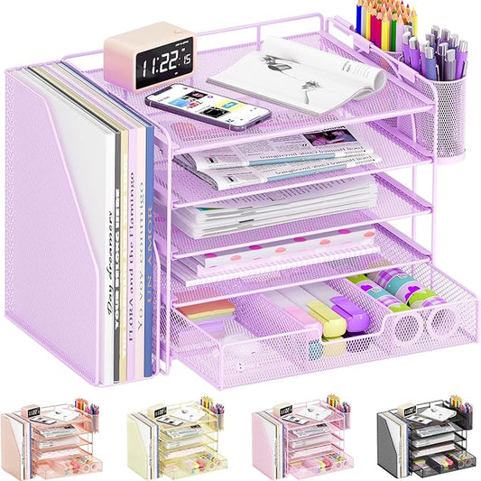 Desk Organizers and Accessories, 5-Tier Paper File Organizer with Drawer & Pen Holder, Office Desk Accessories Workspace Desktop Organizer for Office Supplies((Purple)-DeskLoop Office