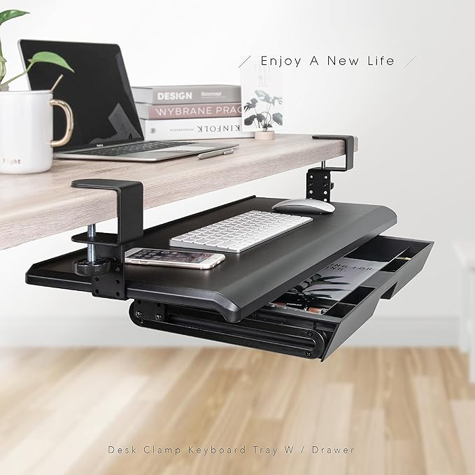 EHO Keyboard Tray with Drawer - Clamp On Under Desk Pull Out Extender Table Attachment Platform with Storage Organizer, Large 27.5" (31.8" Including Clamps) x 12.2", Height Adjustable for Home Office-DeskLoop Office