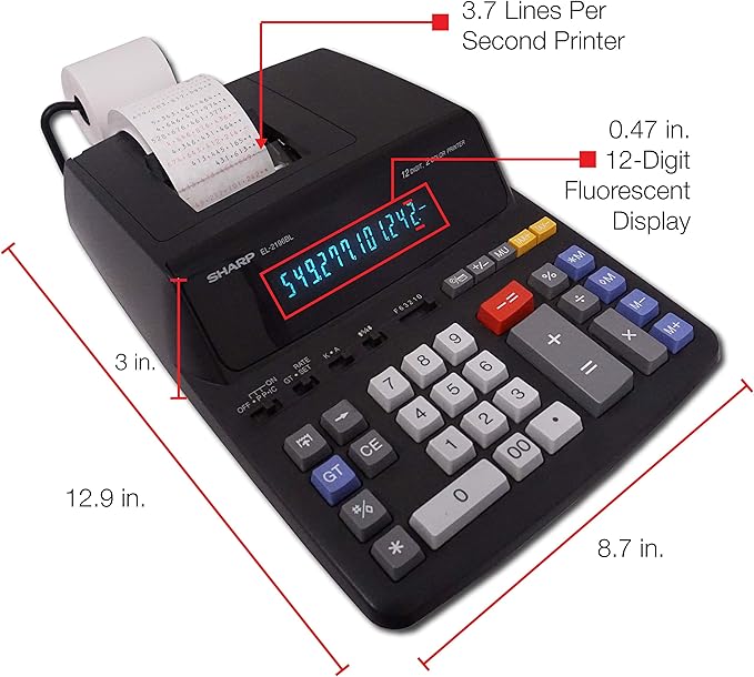 Sharp 12-Digit Print Calculator Desktop Size Adding Machine, Perfect for Everyday Use and Office, Bright, Large Easy-to-Read Numbers on Both The Display and The Two-ColorPrinted Tape (EL2196BL)-DeskLoop Office