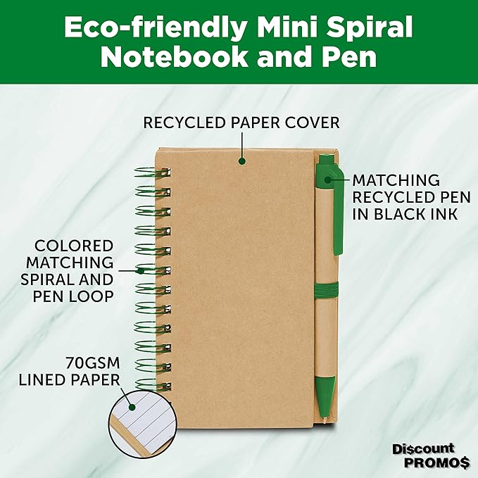 Mini Spiral Notebooks with Black Ink Pens Set of 10, Bulk Pack - Perfect for School, Office, Business, Home - Green