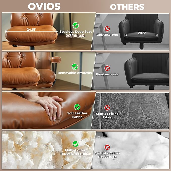 ovios Home Office Chair, Mid-Century Modern Faux PU Leather Chairs with Lumbar Support Comfy Thick Cushion, High Back Ergonomic Swivel Rolling Executive Armchair (Brown, PU Leather)
