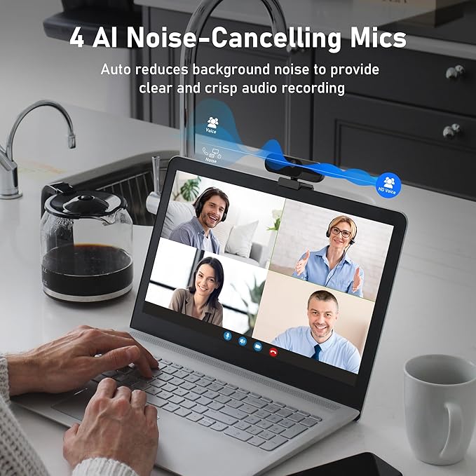 4K Webcam with Speaker and 4 AI Noise-Cancelling Mics, Wide Angle PC Cameras with Remote, Auto Focus, Privacy Cover, Tripod, Great for Computer, Zoom, Skype, Teams, Laptop, Personal Video Calling-DeskLoop Office