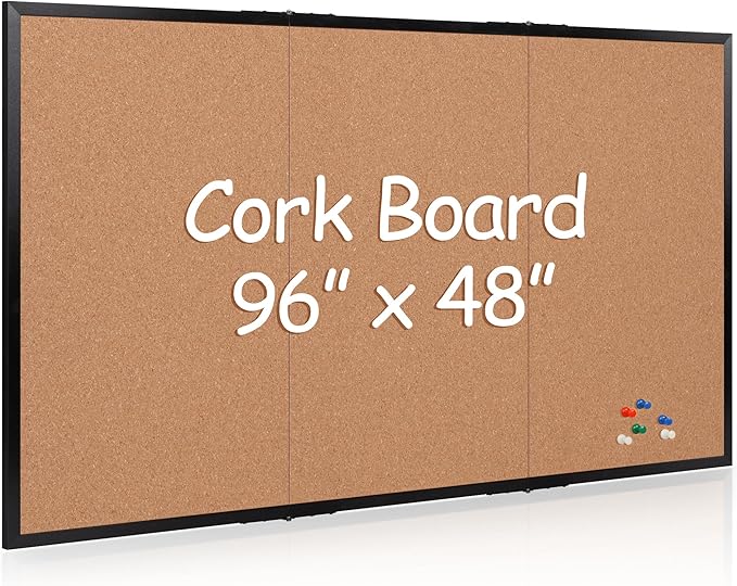 Board2by Extra Large Cork Bulletin Board 96" X 48", Foldable Notice Pin Board for Wall, Black Woodm Framed 8'x4' Corkboard, Wall Mounted Noticeboard with 32 Push Pins for School, Home & Office-DeskLoop Office