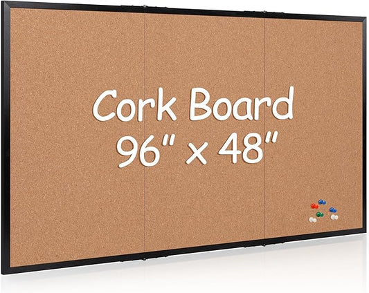 Board2by Extra Large Cork Bulletin Board 96" X 48", Foldable Notice Pin Board for Wall, Black Woodm Framed 8'x4' Corkboard, Wall Mounted Noticeboard with 32 Push Pins for School, Home & Office-DeskLoop Office