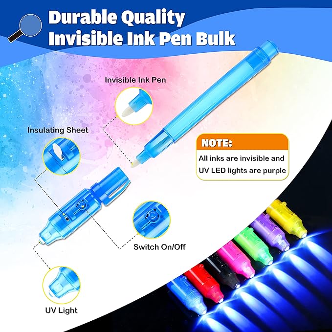 GIFTINBOX Invisible Ink Pen, 28PCS Spy Pen with UV Light for Kids, Birthday Party Favors for Kids 4-8 8-12, Classroom Prize for Students Magic Marker for Secret Message-DeskLoop Office