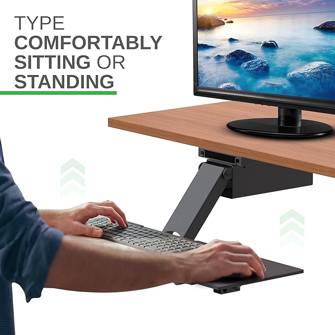 Uncaged Ergonomics KT2-b Under-Desk Adjustable Height & Angle Sit to Stand Up Keyboard Tray with negative tilt Best standing desk computer keyboard holder drawer-DeskLoop Office
