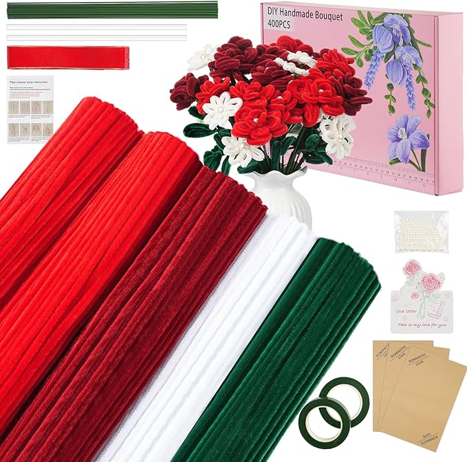 400 Pcs Red Pipe Cleaners for Crafts, 4 Colors Chenille Stems Bulk with Floral Wires, Gardening Tape,Hot Glue Stick,Greeting Card,Bouquet Paper, Pearl & Ribbon, Flowers Craft kit for Christmas-DeskLoop Office