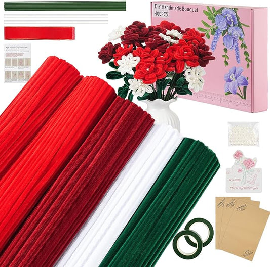 400 Pcs Red Pipe Cleaners for Crafts, 4 Colors Chenille Stems Bulk with Floral Wires, Gardening Tape,Hot Glue Stick,Greeting Card,Bouquet Paper, Pearl & Ribbon, Flowers Craft kit for Christmas-DeskLoop Office