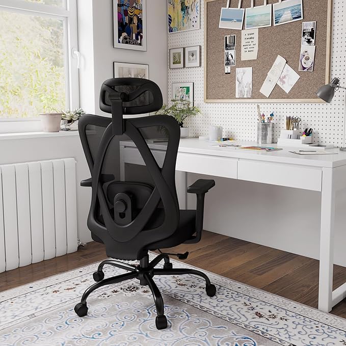 Ergonomic Office Chairs with Adjustable Headrest and Lumbar Support, High Back Mesh Home Computer Desk Chairs with 3D Armrest, 360° Swivel Wheels and Rocking Function, Black-DeskLoop Office
