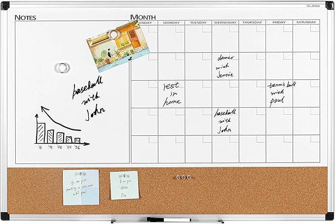 VUSIGN Monthly Calendar Whiteboard Dry Erase Cork Board Combo, 24" x 36" Planning Board, Silver Aluminium Frame-DeskLoop Office