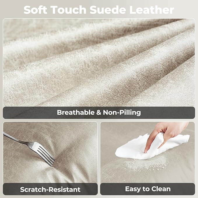 ovios Ergonomic Home Office Chair, Mid-Century Modern Faux Leather Chairs with Padded Armrests, Comfy Mid Back Swivel Rolling Executive Computer Armchair (Beige, Suede Leather)-DeskLoop Office