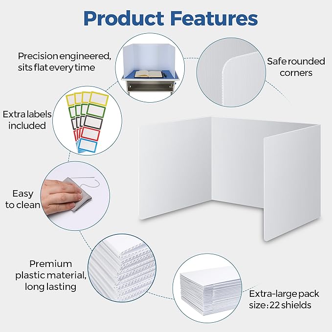 22 Pack Classroom Privacy Shields for Student Desks - Easy to Clean Plastic Sneeze Guard Folder Desk Divider Study Carrel - Classroom Materials for School Teachers - Includes Extra Labels-DeskLoop Office