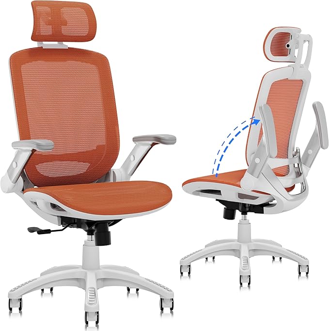 GABRYLLY Ergonomic Office Chair, High Back Home Desk Chair with Headrest, Flip-Up Arms, 90-120° Tilt Lock and Wide Cushion, 400LBS Mesh Chairs for Man Woman, White Task Chair(Orange,GY01WOR)-DeskLoop Office
