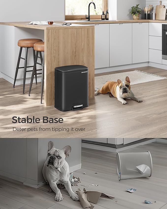 SONGMICS Trash Can, Garbage Can with Lid, 5.2-Gallon (20L) Step Trash Bin for Kitchen, Stainless Steel, Soft Close and Stays Open, Inner Bucket, Includes 15 Trash Bags, Black ULTB543B01-DeskLoop Office