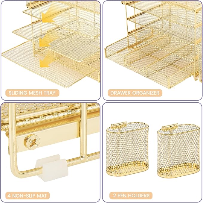 Desk Organizers and Accessories, 5-Tier Paper File Organizer with Drawer & Pen Holder, Office Desk Accessories Workspace Desktop Organizer for Office Supplies(Gold)-DeskLoop Office