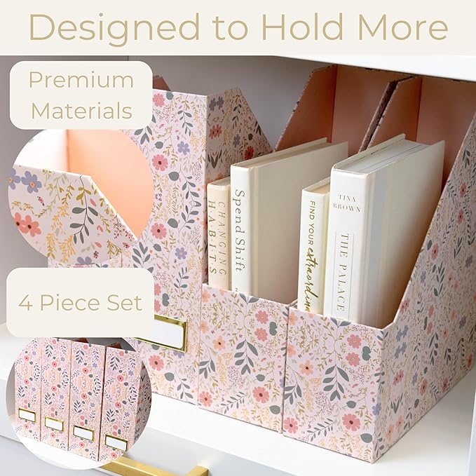 BLU MONACO Foldable Magazine File Set of 4 with Floral Boho Design – Decorative Cardboard Magazine Organizer for Home, Office & Dorm Room – Artistic Magazine Storage Solution-DeskLoop Office