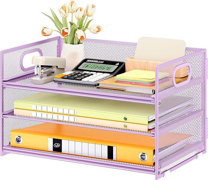 Subekyu 3 Tier Letter Tray Paper Organizer with Handle and 1 PC Sliding Tray, Purple Metal Mesh Desk File Folder Paper Sorter Organizer for Home Office School Desk Supplies Organization Storage-DeskLoop Office