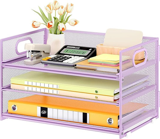 Subekyu 3 Tier Letter Tray Paper Organizer with Handle and 1 PC Sliding Tray, Purple Metal Mesh Desk File Folder Paper Sorter Organizer for Home Office School Desk Supplies Organization Storage-DeskLoop Office