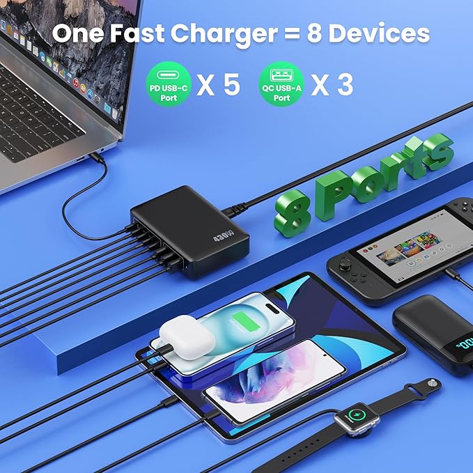 USB C Charger 430W USB C Charger Block 8-Ports GaN IV Fast Charging Station,PD 100W Laptop Charging Hub Wall Adapter Compatible with MacBook/Air,DELL,Steam Desk,iPhone 16/15/14,Galaxy S24 etc-DeskLoop Office