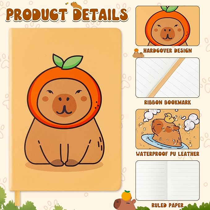 B1ykin Hardcover Ruled Journal Notebook with Planner Stickers, 196 Pages PU Leather Journal Notebook Journals Diary Notepad for Writing Travel Business Work School College Note Taking (Capybara)-DeskLoop Office