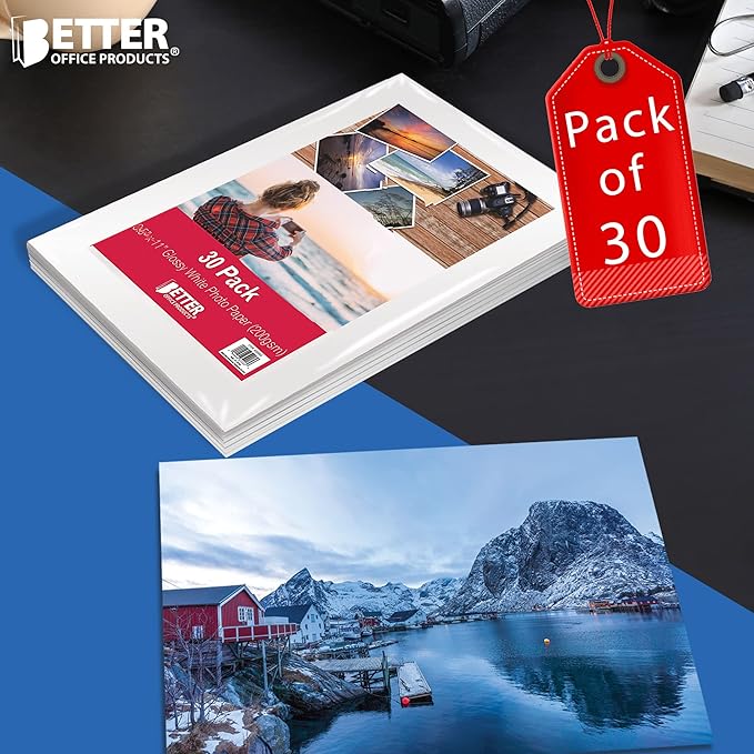 Better Office Products Glossy Photo Paper, 8.5 x 11 Inch, 30 Sheets, 200 gsm, Letter Size, 30-Count Pack-DeskLoop Office