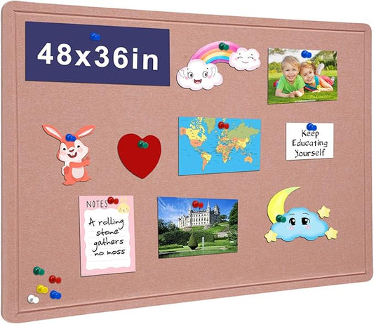 Large Bulletin Board - 48 X 36 inches Decorative Felt Pin Board - 4' x 3' Cork Board Alternative for Wall - Foldable Photo Board Self-Adhesive Vision Board Prayer Board with 30 Pushpins - Pink-DeskLoop Office