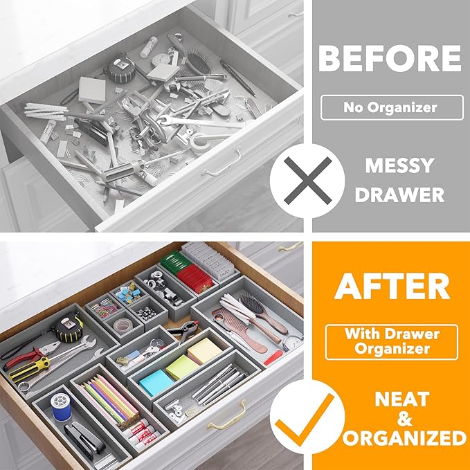 SpaceAid 14-Piece Bamboo Drawer Organizer Storage Boxes Set, Wood Tray Junk Drawer Organizers Multi-Use Divider Bins for Kitchen, Bathroom, Office Desk and Makeup Organization (14 Pack, Gray)-DeskLoop Office