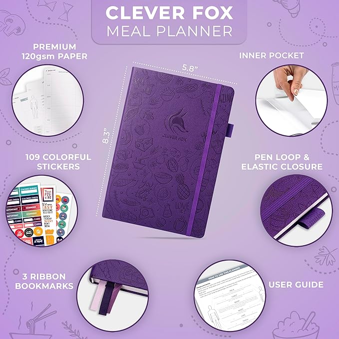 Clever Fox Weekly Meal Planner - Weekly & Daily Meal Prep Journal with Shopping and Grocery Lists for Menu Planning, Healthy Diet & Weight Loss Tracking, Lasts 1 Year, Undated, A5 - Purple-DeskLoop Office