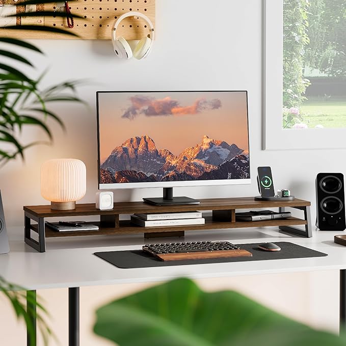 Fenge Dual Monitor Stand for Desk, 42.5in Large Monitor Riser for 2 Monitors, 2 Tier Computer Office Desk Top Shelf, Desktop Storage Stand for Laptop, PC, Computer, Printer-DeskLoop Office