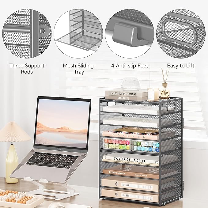 SUBEKYU 9 Tier Paper Organizer for Desk - Gray Metal Mesh Letter Tray File Paper Sorter Organizer Include 6 Pcs Adjustable Height Slid Tray with Handles for Office School Home Organization Storage-DeskLoop Office