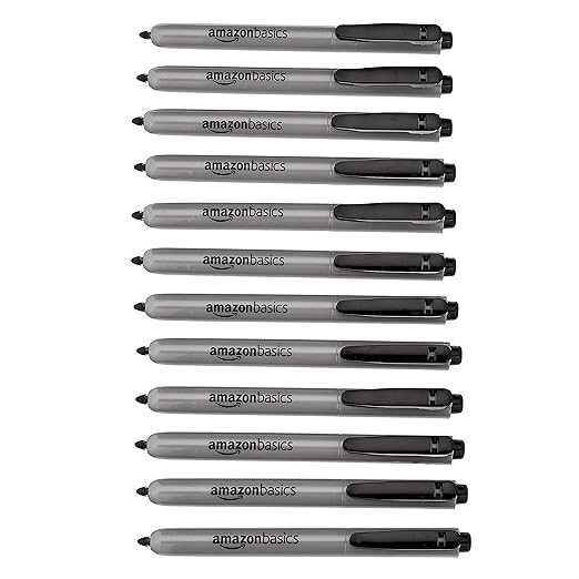 Amazon Basics Retractable Permanent Markers, Versatile Art Supplies for Home, School, and Office Use, 12 Count, Black-DeskLoop Office