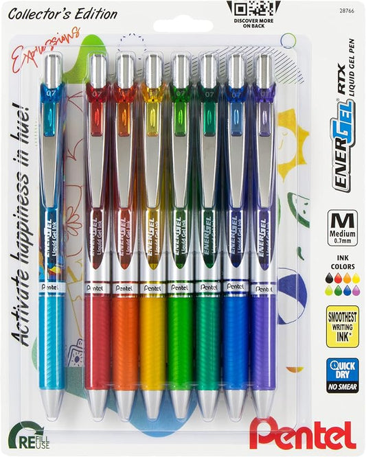 Pentel EnerGel RTX Retractable Liquid Gel Pen, Happiness Expressions Pack, 0.7mm, Metal Tip, Medium Line, Assorted Ink, Pack of 8 Pens (BL77XHAPBP8M)-DeskLoop Office