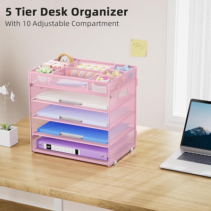 Marbrasse 5-Tier Letter Tray Paper Organizer with Handle, Multi-Functional Mesh File Organizer for Desk, Adjustable Compartments Mesh Desktop Storage for Office Supplies, Pink-DeskLoop Office