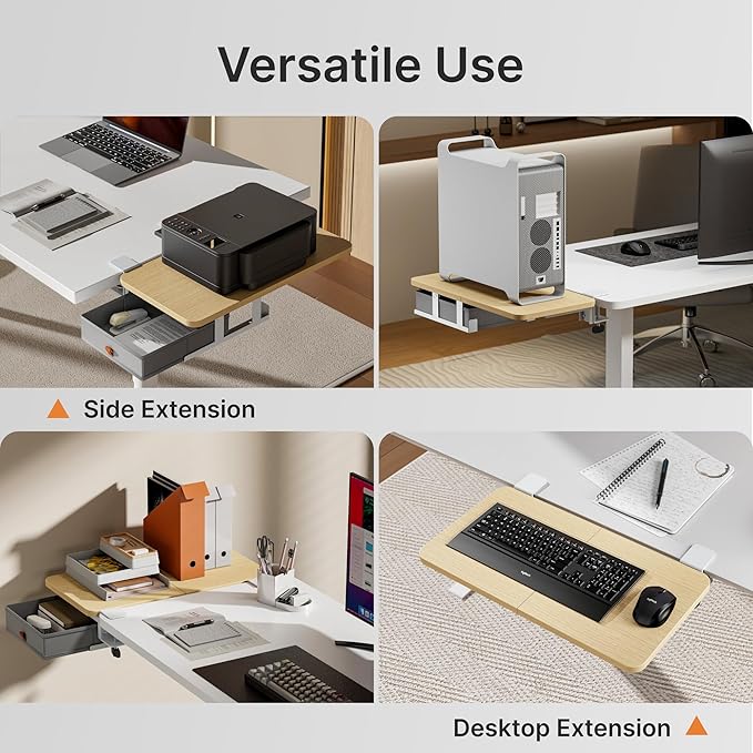 Desk Extender Tray, 24" x 12" Clamp On Desk Shelf, Desk Extension with Storage Drawer, Table Desk Arm Rest, Clamp On Keyboard Tray for Office and Home, Workstation Organizer, Medium, Wood-DeskLoop Office