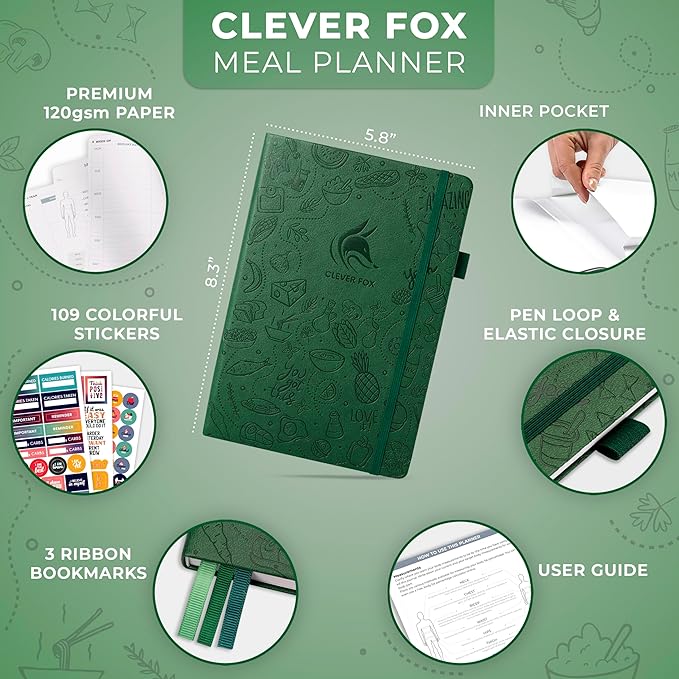 Clever Fox Weekly Meal Planner - Weekly & Daily Meal Prep Journal with Shopping and Grocery Lists for Menu Planning, Healthy Diet & Weight Loss Tracking, Lasts 1 Year, Undated, A5 - Forest Green-DeskLoop Office