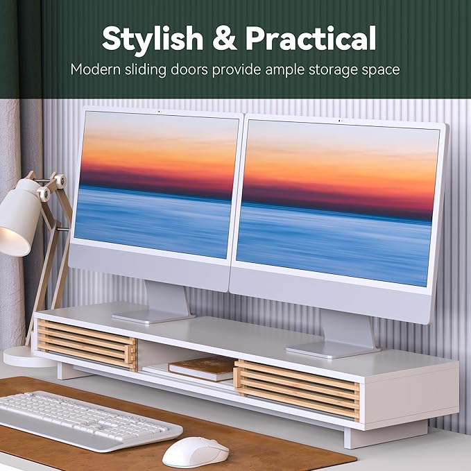 Dual Monitor Stand Riser with Sliding Door, Double Computer Laptop Stand Desk Shelf Organizer with Storage (White + Natural Bamboo, 38 Inch)-DeskLoop Office