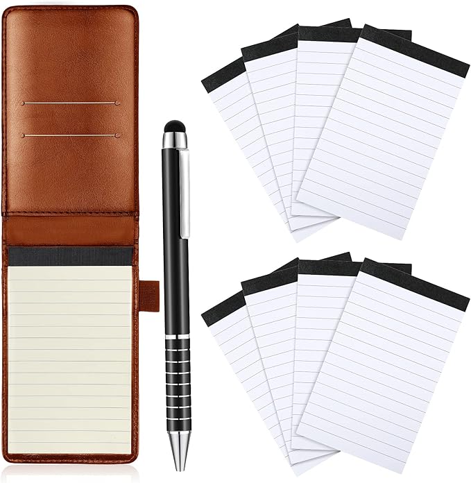Outus 10 Pcs Pocket Notebook with Pen Set Included Mini Pocket Notepad Holder with 50 Lined Sheets, Metal Pen, 8 Pcs 3 x 5 Inch Memo Book Refills, 30 Lined Paper Per Note Pad (Brown)-DeskLoop Office