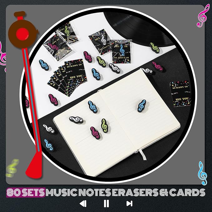 80 Sets Back to School Gifts for Students Funny Novelty Erasers Bulk Musical Note Erasers with Greeting Cards First of School Classroom Rewards from Teachers-DeskLoop Office