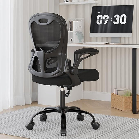 Office Chair, Ergonomic Desk Chair Breathable Mesh Chair with Adjustable High Back Lumbar Support Flip-up Armrests, Long Hours Comfortable Computer Chair for Home Office, Black-DeskLoop Office